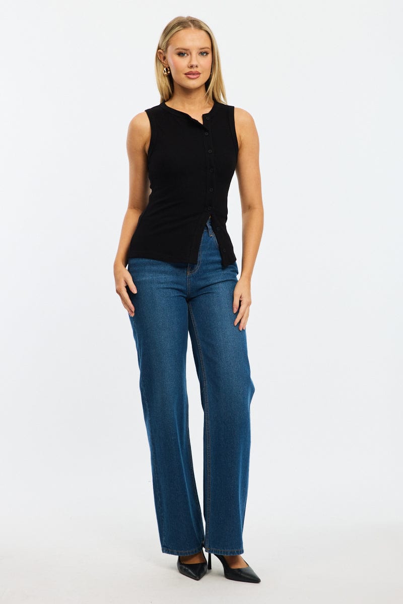 Black Button Front Top Sleeveless