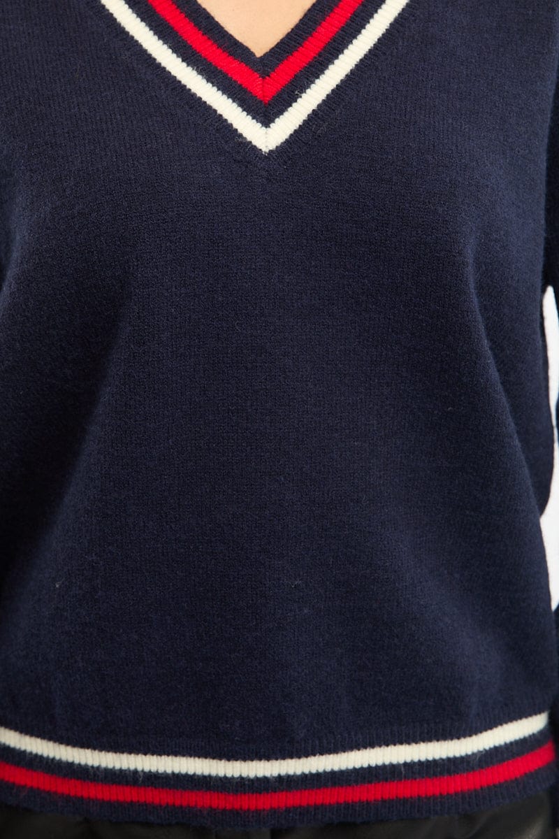 Blue Knit Jumper Long Sleeve V-neck