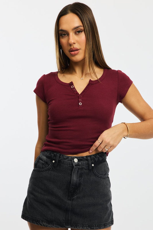 Red Button Down Tee Short Sleeve Rib