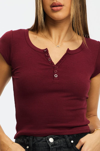 Red Button Down Tee Short Sleeve Rib