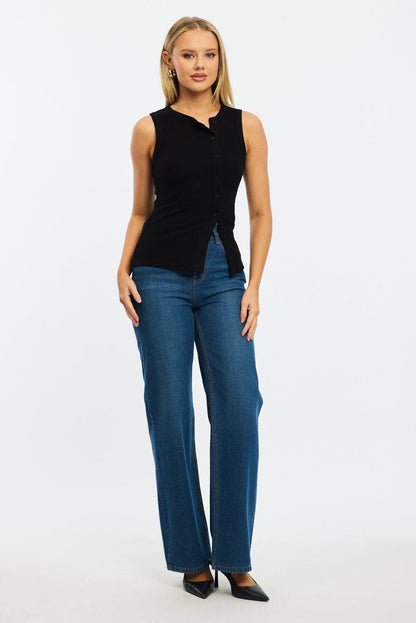 Black Button Front Top Sleeveless