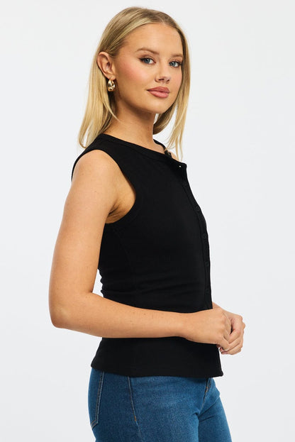 Black Button Front Top Sleeveless