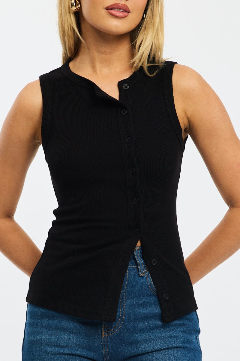 Black Button Front Top Sleeveless