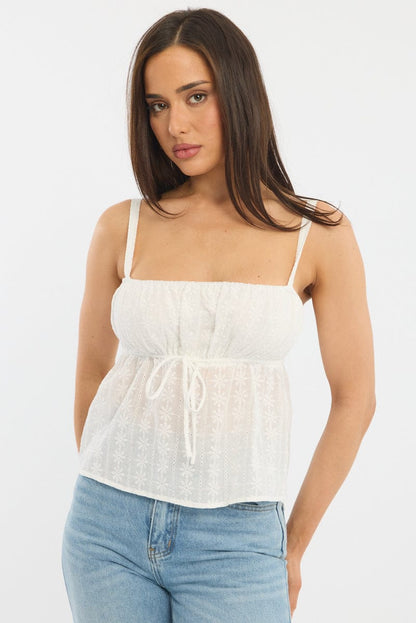 White Cami Top Sleeveless Babydoll Broidery Eyelet
