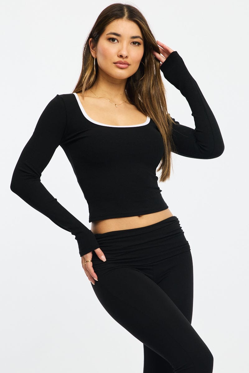 Black Binding Top Long Sleeve Rib Brushed