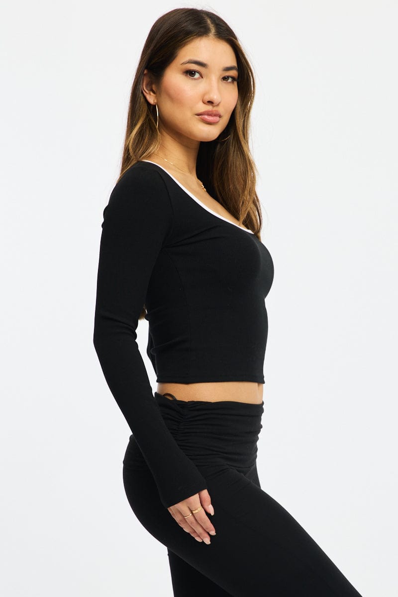 Black Binding Top Long Sleeve Rib Brushed
