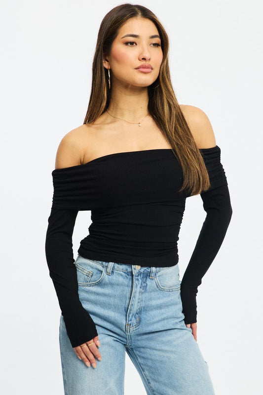 Black Off Shoulder Top Side Ruched Long Sleeve