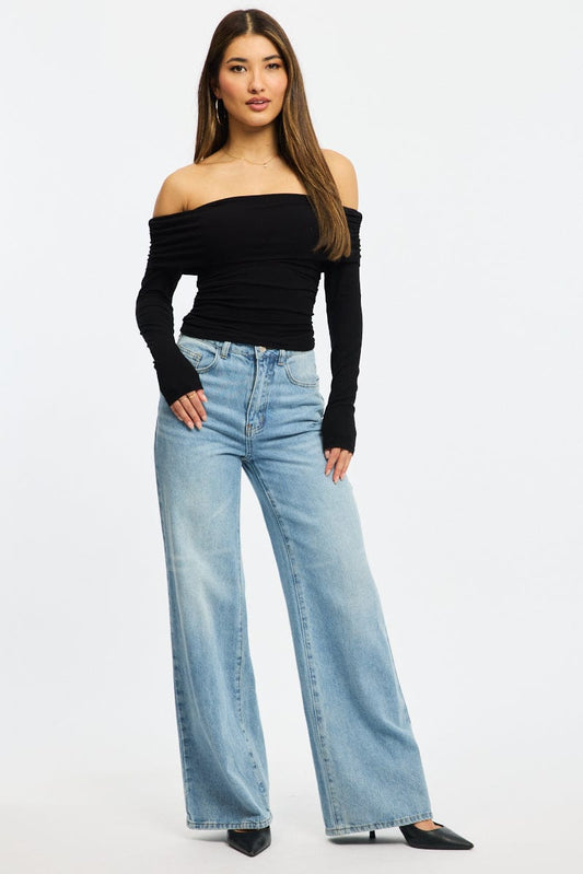 Black Off Shoulder Top Side Ruched Long Sleeve