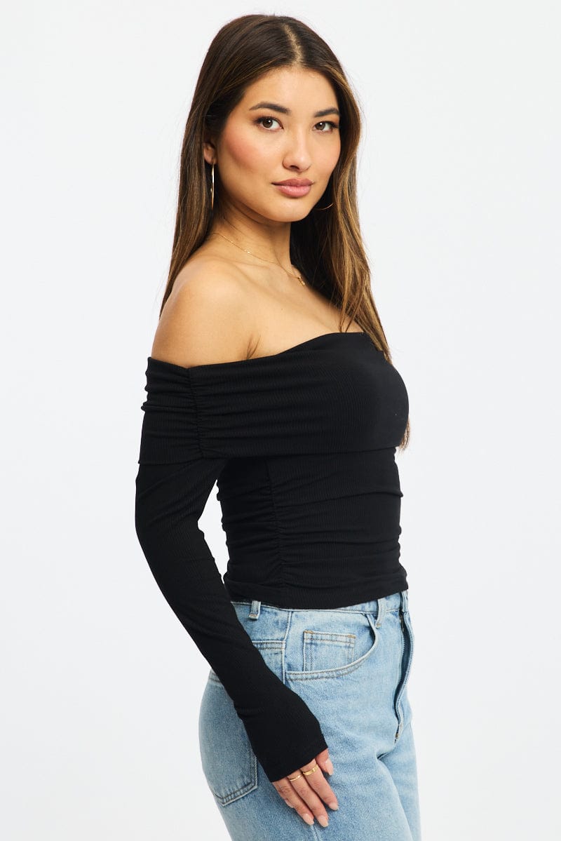 Black Off Shoulder Top Side Ruched Long Sleeve