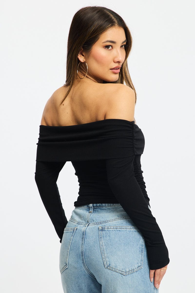 Black Off Shoulder Top Side Ruched Long Sleeve