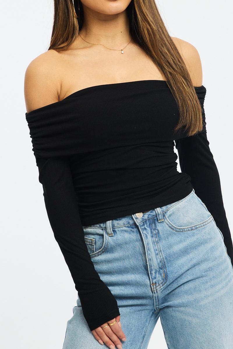 Black Off Shoulder Top Side Ruched Long Sleeve