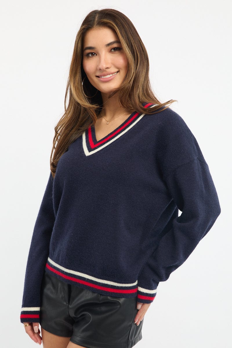 Blue Knit Jumper Long Sleeve V-neck