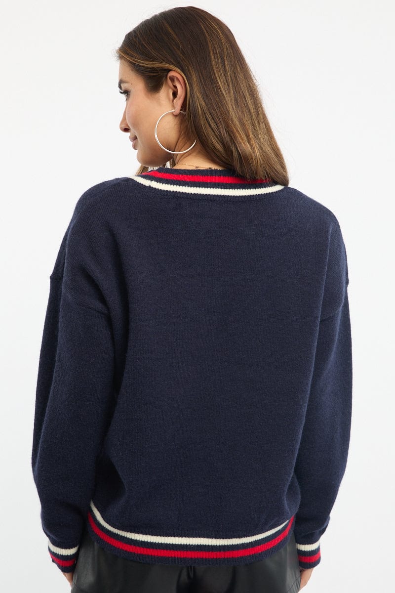 Blue Knit Jumper Long Sleeve V-neck