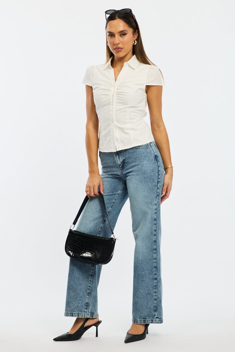 White Button Up Shirt Short Sleeve Collared Tie Back