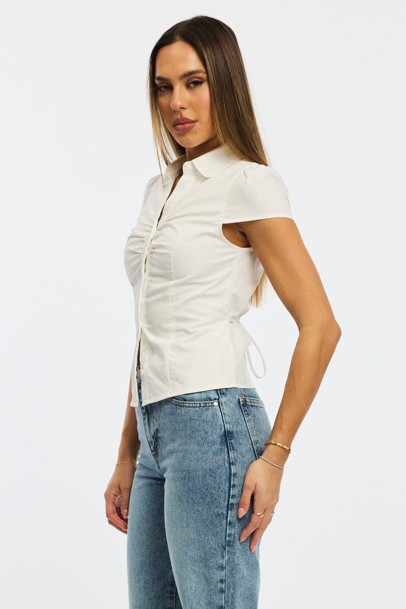 White Button Up Shirt Short Sleeve Collared Tie Back