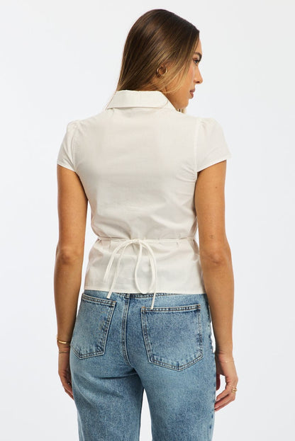 White Button Up Shirt Short Sleeve Collared Tie Back
