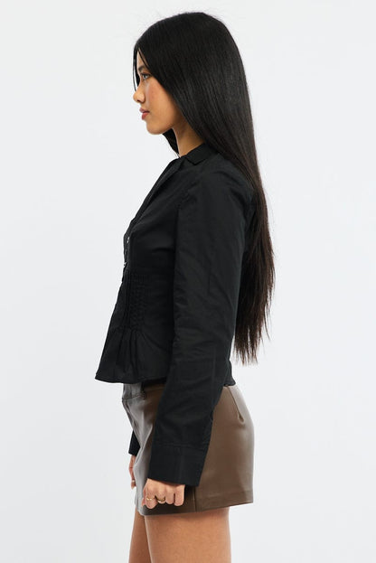 Black Long Sleeve Shirt Lapel Collar Button Up
