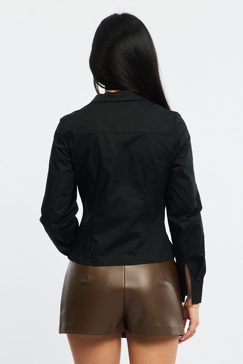 Black Long Sleeve Shirt Lapel Collar Button Up