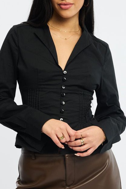 Black Long Sleeve Shirt Lapel Collar Button Up